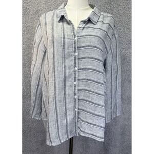 Habitat Large Blue Striped Linen Button Down Top Lagenlook Casual Beachy